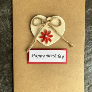 Handmade Birthday Card | Flower Birthday Card for her, mum, friend, sister | Elegant Birthday Card | Glazed Ceramic Heart | Keepsake | Red Flower